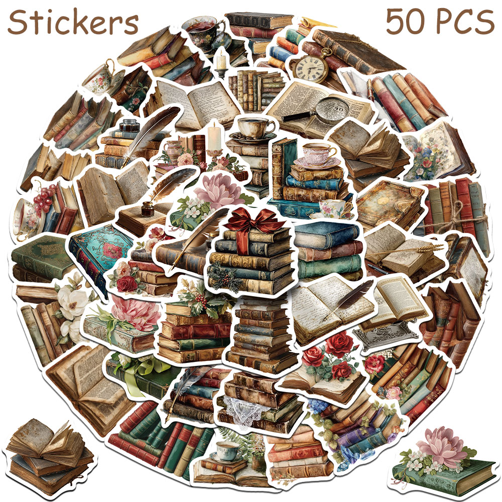 Vintage Collectible Books - Autocollants Vintage pour livres, 50 pièces,